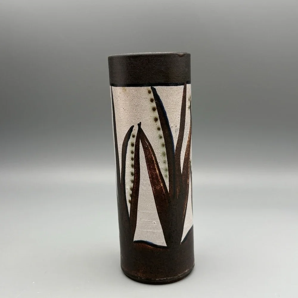 Vintage Scandinavian Vase Signed Leaves MCM Brown White 5.75